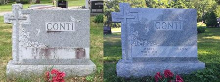 Barre Gray Granite Slant Memorial Shea Monument Professional Granite Cleaning Before and After