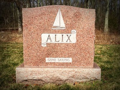 Red Granite Upright Monument Alix Memorial Gone Sailing with Saliboat Carving and Scroll Panel