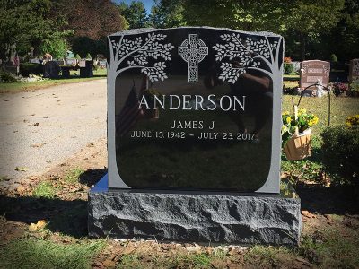 Black Granite Upright Monument Anderson Memorial with Symmetrical Tree Carving Border