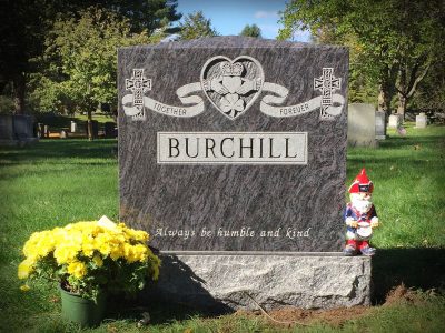 Bahama Blue Granite Upright Monument Burchill Memorial with Claddagh Carvings and Verse Always be Humble and Kind