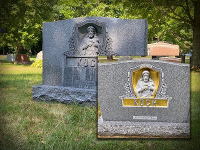 Gray Granite Upright Monument Koch Memorial Jesus Sculpture with Gold Lithochrome