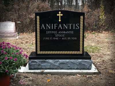 Black Granite Upright Monument Anifantis Memorial with Greek Key in Gold Lithochrome