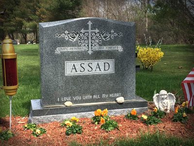 Gray Granite Upright Monument Loving Memories Last Forever Assad Memorial with Cross and Rose Carving