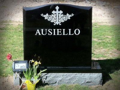 Black Granite Upright Monument Ausiello Memorial with White Lithochrome