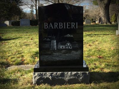 Black Granite Upright Monument Barbieri Memorial with Lighthouse Etching