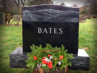 American Black Granite Upright Monument Bates Memorial with Landscape Mountain Range Etching