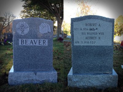 Barre Gray Granite Upright Monument Beaver Memorial with Symbolic Dashes and Carvings