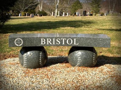 Gray Granite Curved Memorial Bench with Baseball Legs for Bristol Family