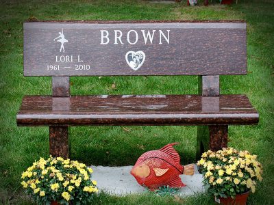 Catseye Granite Memorial Bench with Ballerina Dancer Carving Heart Shaped Porcelain Photo of Couple