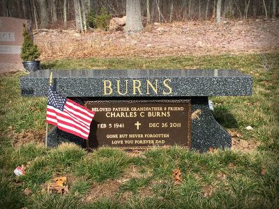 Gray Granite Memorial Bench with Gold Lithochrome and Veteranz Bronze Marker for Burns