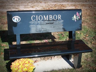 Black Granite Memorial Bench for Ciombor with Gold Lithochrome and Lithochrome filled Cardinal Carvings along with detailed landscape etching and porcelain couple photo