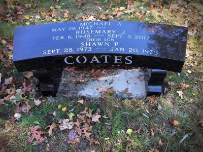 Black Granite Memorial Bench Coates family with White Lithochrome