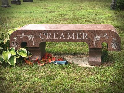 Dakota Mahogany Granite Curved Memorial Bench Creamer Memorial with Symmetrical Rose Carvings