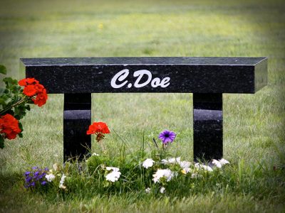 Black Granite Curved Memorial Bench Doe Memorial with White Lithochrome