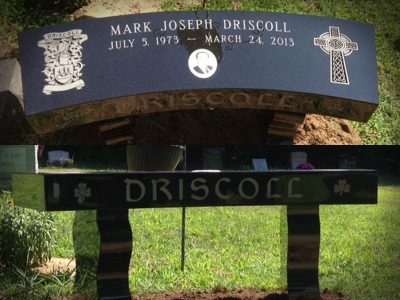 Black Curved Memorial Bench with Driscoll Family Crest