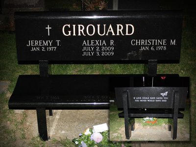 Black Granite Memorial Bench with Butterfly and Cross Carvings