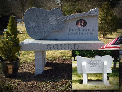 Gray Granite Memorial Bench with Detailed Guitar Sculpture