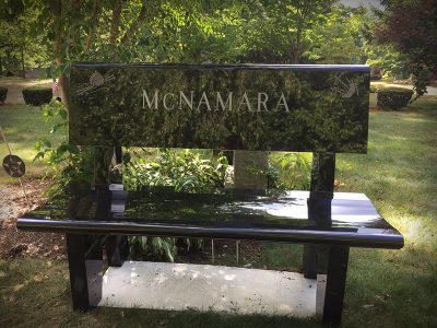 Black Granite Memorial Bench McNamara Bench with Knitting and Bag Pipe Carvings