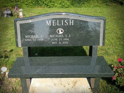 Oliver Green Granite Memorial Bench with Detailed Border and Porcelain Portrait for Melish Family