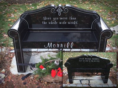 Black Granite Memorial Bench with White Lithochrome Outline for Morrill Family