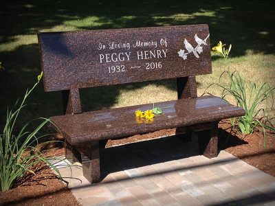 Catseye Memorial Bench In Loving Memory of Peggy Henry with Cardinal Carving