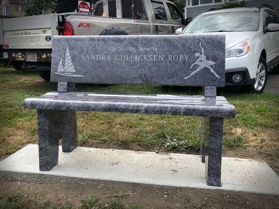 Bahama Blue Granite Memorial Bench for Roby Family with Ballerina and Sailboat Carving