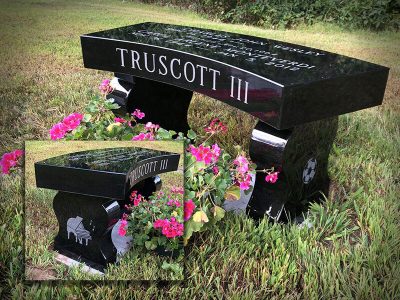 Black Granite Curved Memorial Bench for Truscott Family with Piano and Soccer Ball Carvings