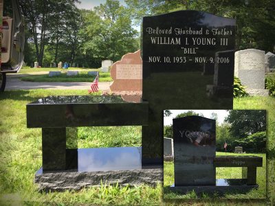 Black Granite Upright Monument with Memorial Bench for Young Family