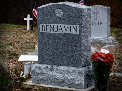 Grey Granite Upright Monument Benjamin Memorial with Seashell Carving