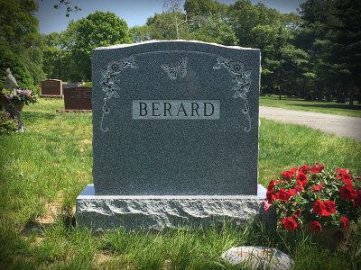 Grey Granite Upright Monument Berard Memorial with Butterfly Carving