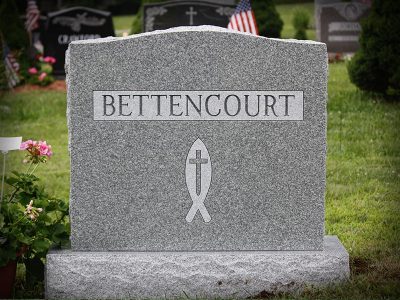 Barre Grey Granite Upright Monument Bettencourt Memorial with Religious Fish Carving