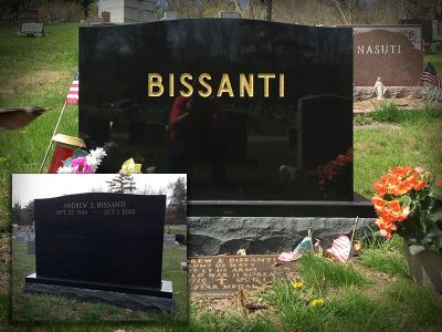 Black Granite Upright Monument Bissanti Memorial with Gold Lithochrome