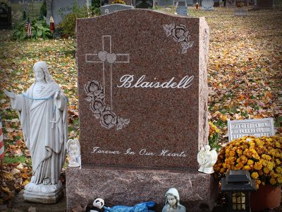 North American Pink Granite Upright Monument Blaisdell Memorial with Cross and Three Roses Carving Forever in our Hearts