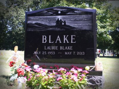 Black Granite Upright Monument Blake Memorial with Etching of Couple and Dog watching Sunset over Water