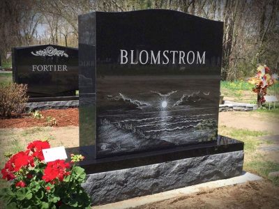Black Granite Upright Monument Blomstrom Memorial with Landscape Etching