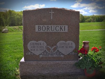 North American Pink Granite Upright Monument Borucki Memorial with Interlocking Wedding Bands and Hearts Carving