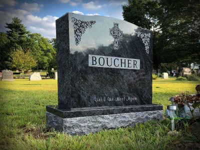Bahama Blue Granite Upright Monument with Celtic Cross and Shamrocks Carving Until We Meet Again