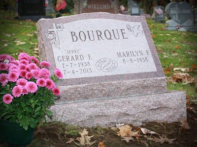 North American Pink Granite Memorial Slant Bourque Family with Wedding Band Carving