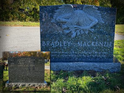 Blue Pearl Granite Upright Monument Bradley Mackenzie Memorial with Sad Angel holding Roses Carving