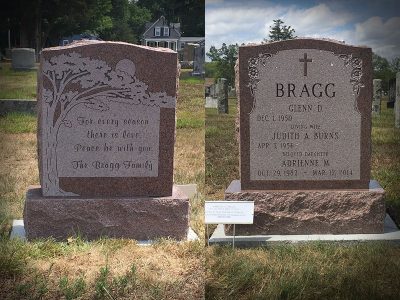 North American Pink Granite Upright Monument with Tree Carving around Panel and Special Verse