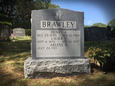 Barre Grey Granite Upright Monument Brawley Memorial with Praying Hands Holding Rosary Carving