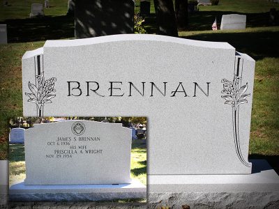 Barre Grey Granite Upright Monument Brennan Memorial with Flower Carvings