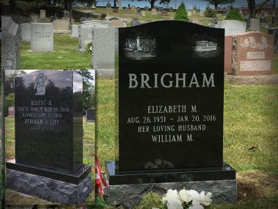 Black Granite Upright Monument Brigham Memorial with Lighthouse and Boat Etchings