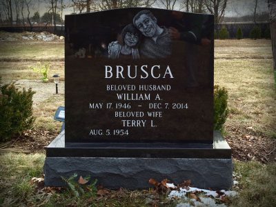 Black Granite Upright Monument Brusca Memorial with Etching of Couple