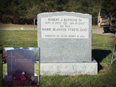 Barre Grey Granite Upright Monument Buffone Memorial with Symbolic Shell Dash