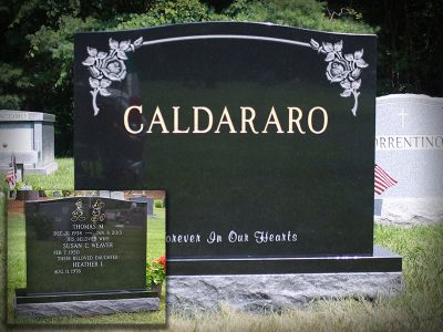 Black Granite Upright Monument Caldararo Memorial Forever In Our Hearts with Gold Lithochrome