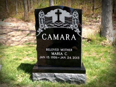 Black Granite Upright Monument Camara Memorial with Gates of Heaven Carving