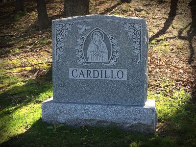 Barre Grey Granite Upright Monument Cardillo Memorial with Mary and Shamrocks Carving