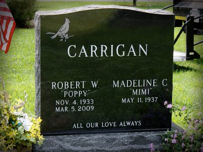 American Black Granite Upright Monument Carrigan Memorial with Cardinal Carving and White Lithochrome All Our Love Always