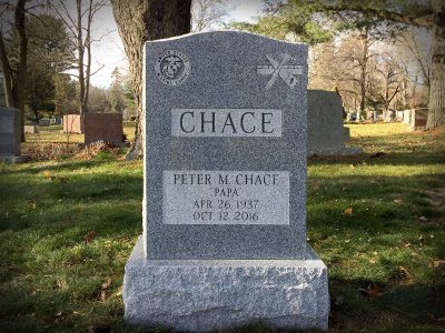 Barre Grey Granite Upright Monument Chace Memorial with Marine Corps Seal and Construction Tools Carving